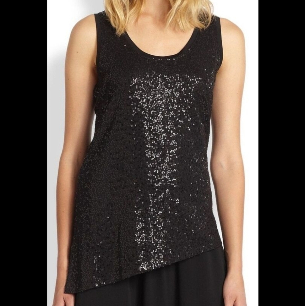 Eileen Fisher Silk Jersey Sequin Asymmetrical Tank Blouse size Small Black